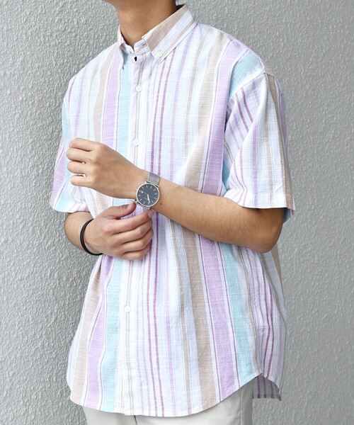SHIPS any(シップス エニィ)の「SHIPS any: BEZ TEXTILE マルチカラー ストライプ/ソリッド ボタンダウン ショートスリーブ シャツ◇(シャツ/ブラウス・メンズ・ピンク/グリーン/ホワイト/ブルー・X-LARGE/LARGE/MEDIUM/SMALL)」の4枚目の写真