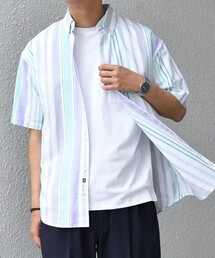 SHIPS any: BEZ TEXTILE マルチカラー ストライプ/ソリッド ボタンダウン ショートスリーブ シャツ◇