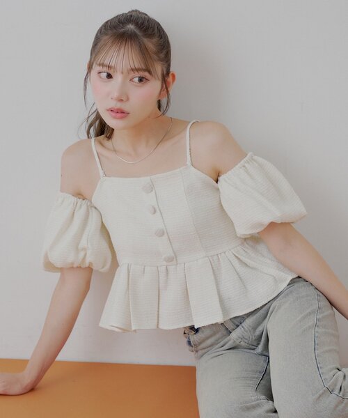 chico ツイードオフショルペプラムブラウス 5色展開/マルチway】ツイードオフショルペプラムブラウス