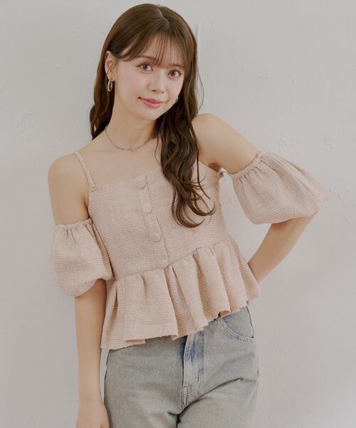 Chico ツイードオフショルペプラムブラウス 5色展開/マルチway】ツイードオフショルペプラムブラウス