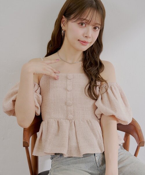 ブラウス シャツ 「5色展開/マルチway」ツイードオフショルペプラムブラウス レディース Chico ブラウス シャツ 「5色展開/マルチway」ツイード