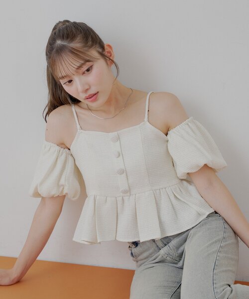 りこページ＋ツイードペプラムブラウス セール】【5色展開/マルチway】ツイードオフショルペプラム