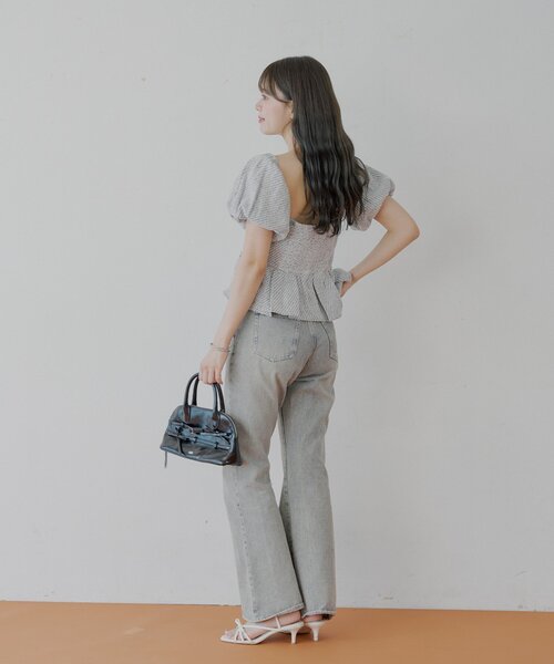 chico ツイードオフショルペプラムブラウス ブルー Chico（チコ）の「【5色展開/マルチway】ツイードオフショルペプラム