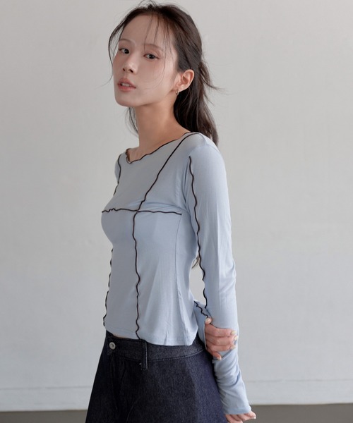 UNE MANSION(ユヌマンション)の「【UNE ORIGINAL】バイカラーメロウ加工フリルカットソー(Tシャツ/カットソー・レディース・ネイビー/ブラック/スカイブルー/グレー・FREE)」の15枚目の写真