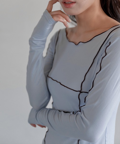 UNE MANSION(ユヌマンション)の「【UNE ORIGINAL】バイカラーメロウ加工フリルカットソー(Tシャツ/カットソー・レディース・ネイビー/ブラック/スカイブルー/グレー・FREE)」の16枚目の写真