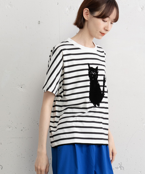 セール】ねこシルエットタフト刺繍Tシャツ（Tシャツ/カットソー）｜POU