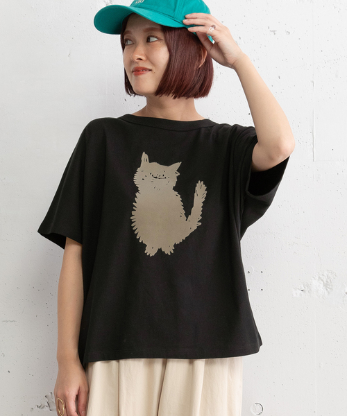 セール】ねこシルエットタフト刺繍Tシャツ（Tシャツ/カットソー）｜POU