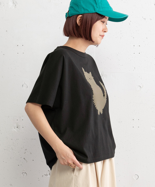 セール】ねこシルエットタフト刺繍Tシャツ（Tシャツ/カットソー）｜POU