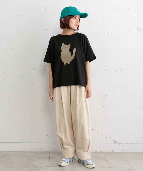 セール】ねこシルエットタフト刺繍Tシャツ（Tシャツ/カットソー）｜POU