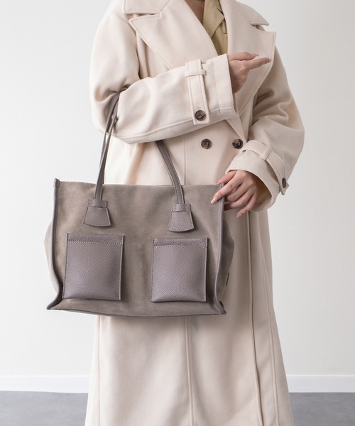 RIPANI(リパーニ)の「【RIPANI】レザーハンドルスエードバッグ(Q56376)(ハンドバッグ・レディース・ダークグレー・ALL)」の1枚目の写真