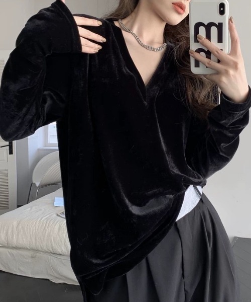 CELENA BEATS(セレナビーツ)の「とろみ ベロア Vネック ルーズ プルオーバー(Tシャツ/カットソー・レディース・ホワイト/ブラック・S/M)」の15枚目の写真