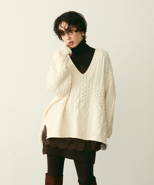 セール】バルキーケーブル編みニットプルオーバー（ニット/セーター