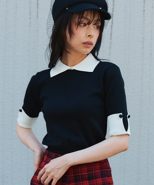 Narcissus(ナルシス)の「バイカラー半袖ニットトップス/襟あり《動画あり》(ニット/セーター・レディース・マルチ/ブラック・FREE)」の2枚目の写真