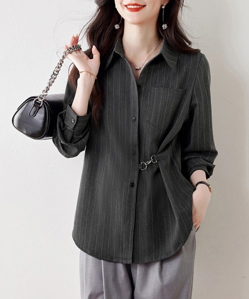 ONEP STAR(ワンピスター)の「ウエストマークストライプシャツ(シャツ/ブラウス・レディース・グレイッシュベージュ/ダークグレー/ダークブルー・MEDIUM/LARGE/X-LARGE)」の17枚目の写真