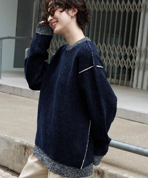 ＜マシンウォッシャブル/アンチピリング＞アウトリンキング配色クルーネックモールニット