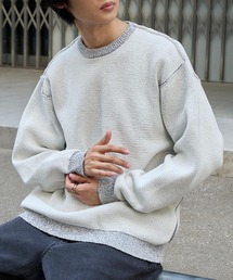 ＜マシンウォッシャブル/アンチピリング＞アウトリンキング配色クルーネックモールニットオフホワイト