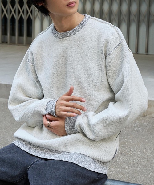 ＜マシンウォッシャブル/アンチピリング＞アウトリンキング配色クルーネックモールニット