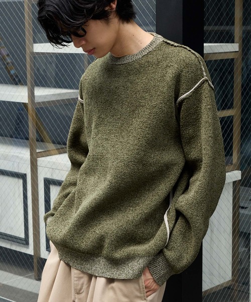 ＜マシンウォッシャブル/アンチピリング＞アウトリンキング配色クルーネックモールニット