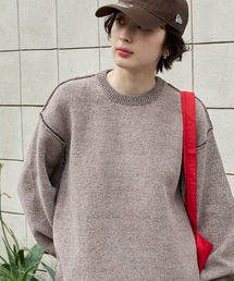 ＜マシンウォッシャブル/アンチピリング＞アウトリンキング配色クルーネックモールニットグレイッシュベージュ