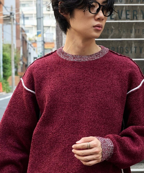 ＜マシンウォッシャブル/アンチピリング＞アウトリンキング配色クルーネックモールニット