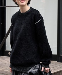 ＜マシンウォッシャブル/アンチピリング＞アウトリンキング配色クルーネックモールニットブラック