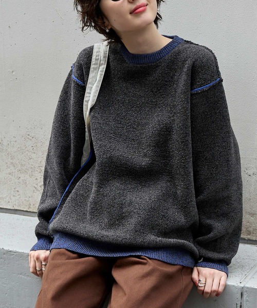 マシンウォッシャブル/アンチピリング＞アウトリンキング配色クルー