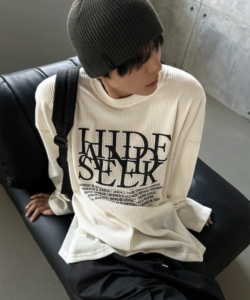COSYHARU(コシハル)の「ドープレタリングニット長袖Tシャツ(Tシャツ/カットソー・メンズ・ブラック/アイボリー・FREE)」の3枚目の写真