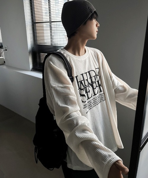 COSYHARU(コシハル)の「ドープレタリングニット長袖Tシャツ(Tシャツ/カットソー・メンズ・ブラック/アイボリー・FREE)」の4枚目の写真