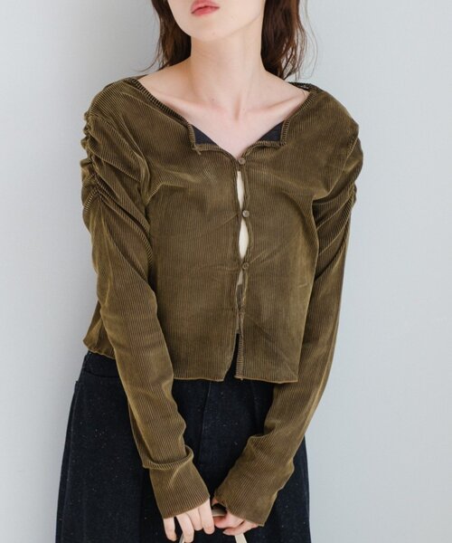 Kastane（カスタネ）の「【新色追加/6色展開/2サイズ展開】ストライプベロアフロッキー2wayカーディガン（カーディガン/ボレロ・レディース・アイボリー/カーキ/ブラック/ブラウン/ブラウン系その他/グレー・FREE/SMALL）」の6枚目の写真