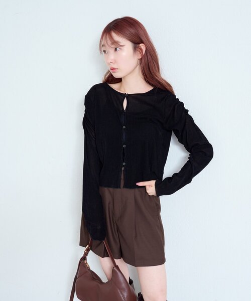 Kastane（カスタネ）の「【新色追加/6色展開/2サイズ展開】ストライプベロアフロッキー2wayカーディガン（カーディガン/ボレロ・レディース・アイボリー/カーキ/ブラック/ブラウン/ブラウン系その他/グレー・FREE/SMALL）」の14枚目の写真