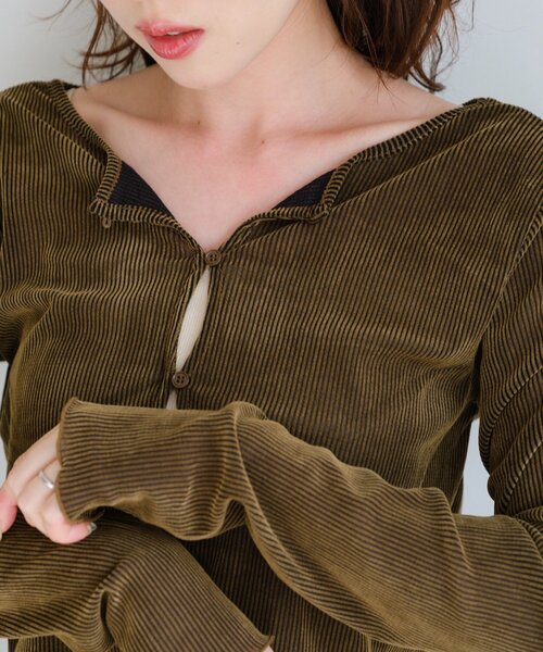 Kastane（カスタネ）の「【新色追加/6色展開/2サイズ展開】ストライプベロアフロッキー2wayカーディガン（カーディガン/ボレロ・レディース・アイボリー/カーキ/ブラック/ブラウン/ブラウン系その他/グレー・FREE/SMALL）」の20枚目の写真