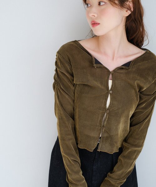 Kastane（カスタネ）の「【新色追加/6色展開/2サイズ展開】ストライプベロアフロッキー2wayカーディガン（カーディガン/ボレロ・レディース・アイボリー/カーキ/ブラック/ブラウン/ブラウン系その他/グレー・FREE/SMALL）」の21枚目の写真