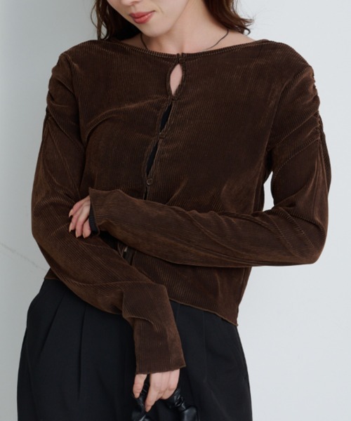 Kastane（カスタネ）の「【新色追加/6色展開/2サイズ展開】ストライプベロアフロッキー2wayカーディガン（カーディガン/ボレロ・レディース・アイボリー/カーキ/ブラック/ブラウン/ブラウン系その他/グレー・FREE/SMALL）」の5枚目の写真