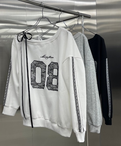Never mind the XU / Chikashitsu+(ネバーマインド ザ エックスユー / チカシツプラス)の「【nmtc+】lace design number sweat onepiece / 【エヌエムティーシープラス】レースデザインナンバーオーバーサイズスウェットシャツ(スウェット・レディース・ブラック/ホワイト・ONE SIZE)」の6枚目の写真