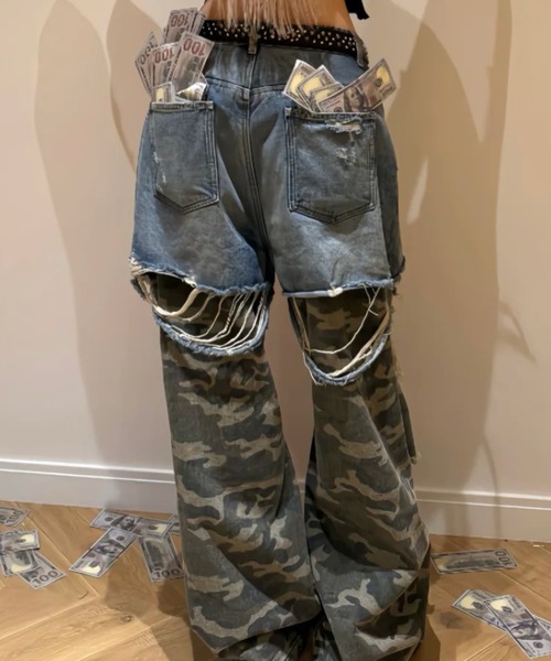 DIAVEL(ディアベル)の「Y2Kムード全開レイヤードデザイン/ダメージデニムワイドパンツ(デニムパンツ・レディース・カーキ・L/M/S)」の4枚目の写真
