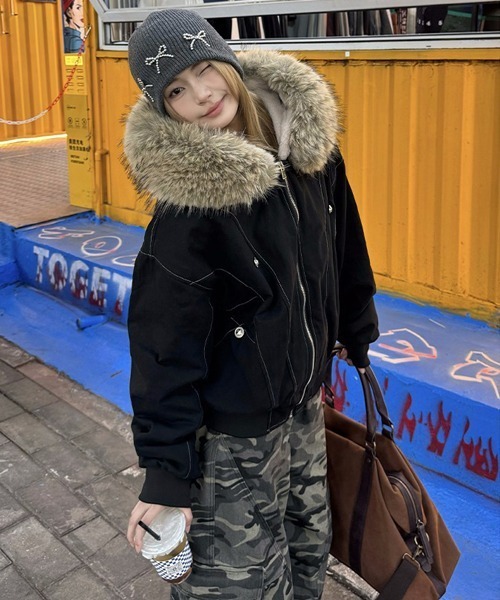 Ressaca（レサーカ）の「オーバーサイズファーフード付き裏ボアブルゾン（ブルゾン・レディース・グレー/ブラック・M/L）」の13枚目の写真