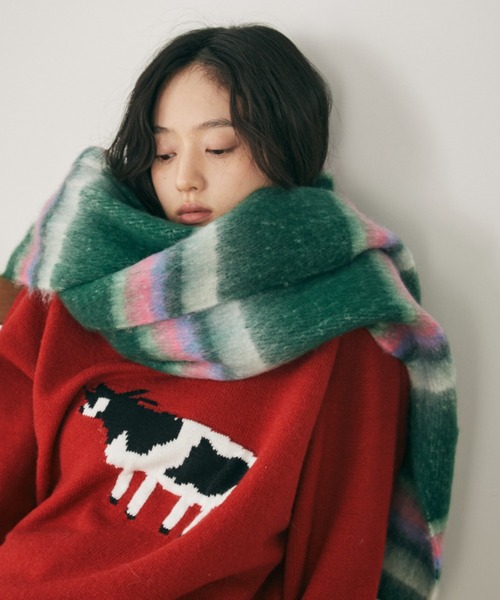 MERLOT（メルロー）の「ボリュームボーダーマフラー（マフラー・レディース・ピンク/グリーン/ブラウン・FREE）」の2枚目の写真