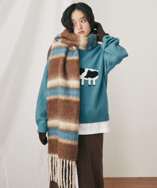 MERLOT（メルロー）の「ボリュームボーダーマフラー（マフラー・レディース・ピンク/グリーン/ブラウン・FREE）」の8枚目の写真