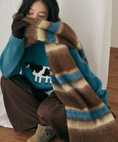 MERLOT（メルロー）の「ボリュームボーダーマフラー（マフラー・レディース・ピンク/グリーン/ブラウン・FREE）」の9枚目の写真