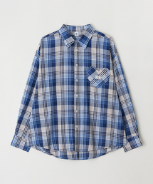 CHECK STITCH HEART POCKET OVER FIT SHIRT BLUE