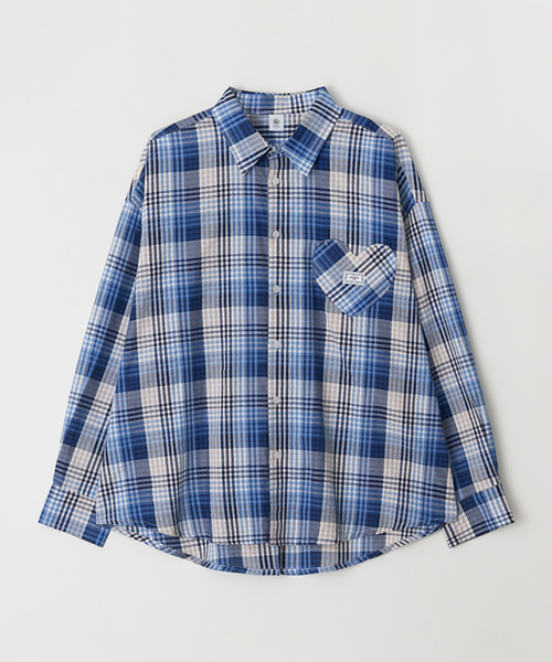 RONRON(ロンロン)の「CHECK STITCH HEART POCKET OVER FIT SHIRT BLUE(シャツ/ブラウス・レディース・その他・FREE)」の1枚目の写真