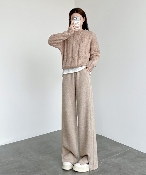 HANDO(ハンド)の「ヘリンボーン柄ワイドリラックスパンツ(スウェットパンツ・レディース・アイボリー/ベージュ/チャコール・S/M/L/XL/XXL)」の10枚目の写真