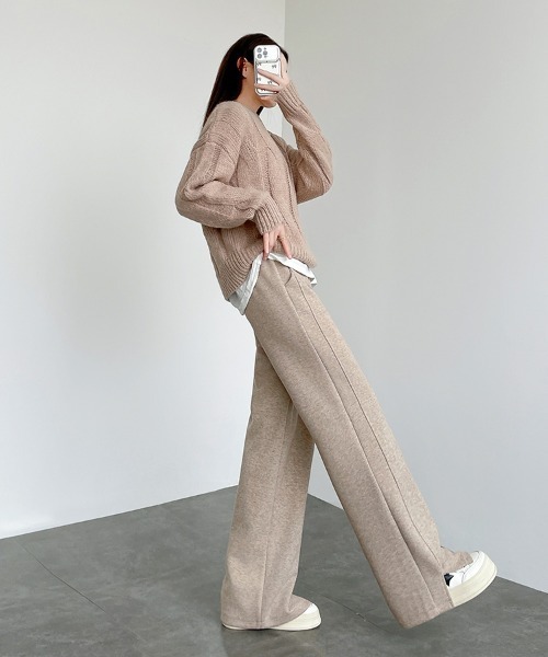 HANDO(ハンド)の「ヘリンボーン柄ワイドリラックスパンツ(スウェットパンツ・レディース・アイボリー/ベージュ/チャコール・S/M/L/XL/XXL)」の11枚目の写真