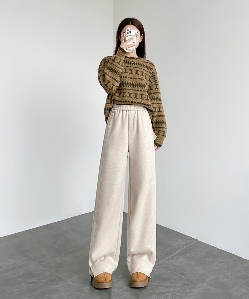 HANDO(ハンド)の「ヘリンボーン柄ワイドリラックスパンツ(スウェットパンツ・レディース・アイボリー/ベージュ/チャコール・S/M/L/XL/XXL)」の16枚目の写真