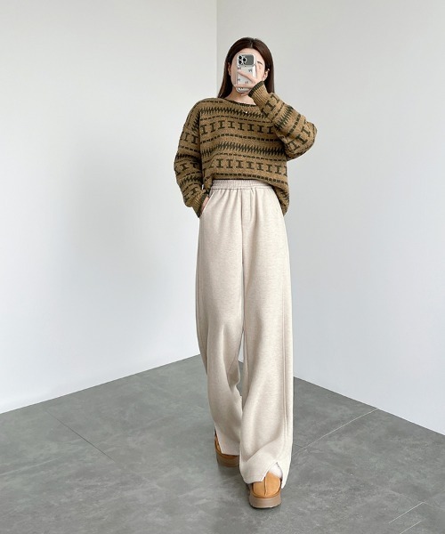 HANDO(ハンド)の「ヘリンボーン柄ワイドリラックスパンツ(スウェットパンツ・レディース・アイボリー/ベージュ/チャコール・S/M/L/XL/XXL)」の17枚目の写真