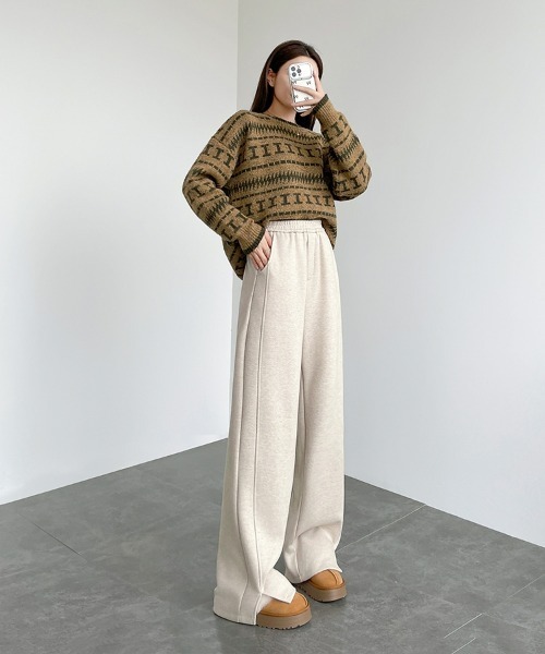 HANDO(ハンド)の「ヘリンボーン柄ワイドリラックスパンツ(スウェットパンツ・レディース・アイボリー/ベージュ/チャコール・S/M/L/XL/XXL)」の18枚目の写真