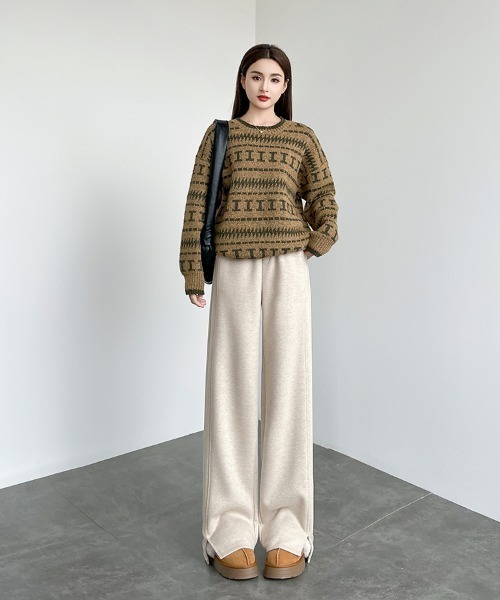 HANDO(ハンド)の「ヘリンボーン柄ワイドリラックスパンツ(スウェットパンツ・レディース・アイボリー/ベージュ/チャコール・S/M/L/XL/XXL)」の19枚目の写真