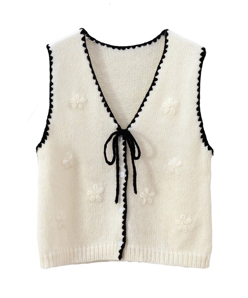 セール】フラワー刺繍ニットベスト (comochi select) / Vネック