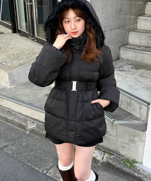 セール】ベルト付きフードファーミドルコート（ダウンジャケット