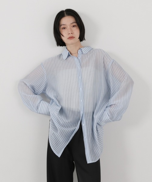 美品 プランテーション シワ加工 ストレッチコットン シアーストライプシャツ シアーストライプシャツ（シャツ/ブラウス）｜select MOCA（セレクト